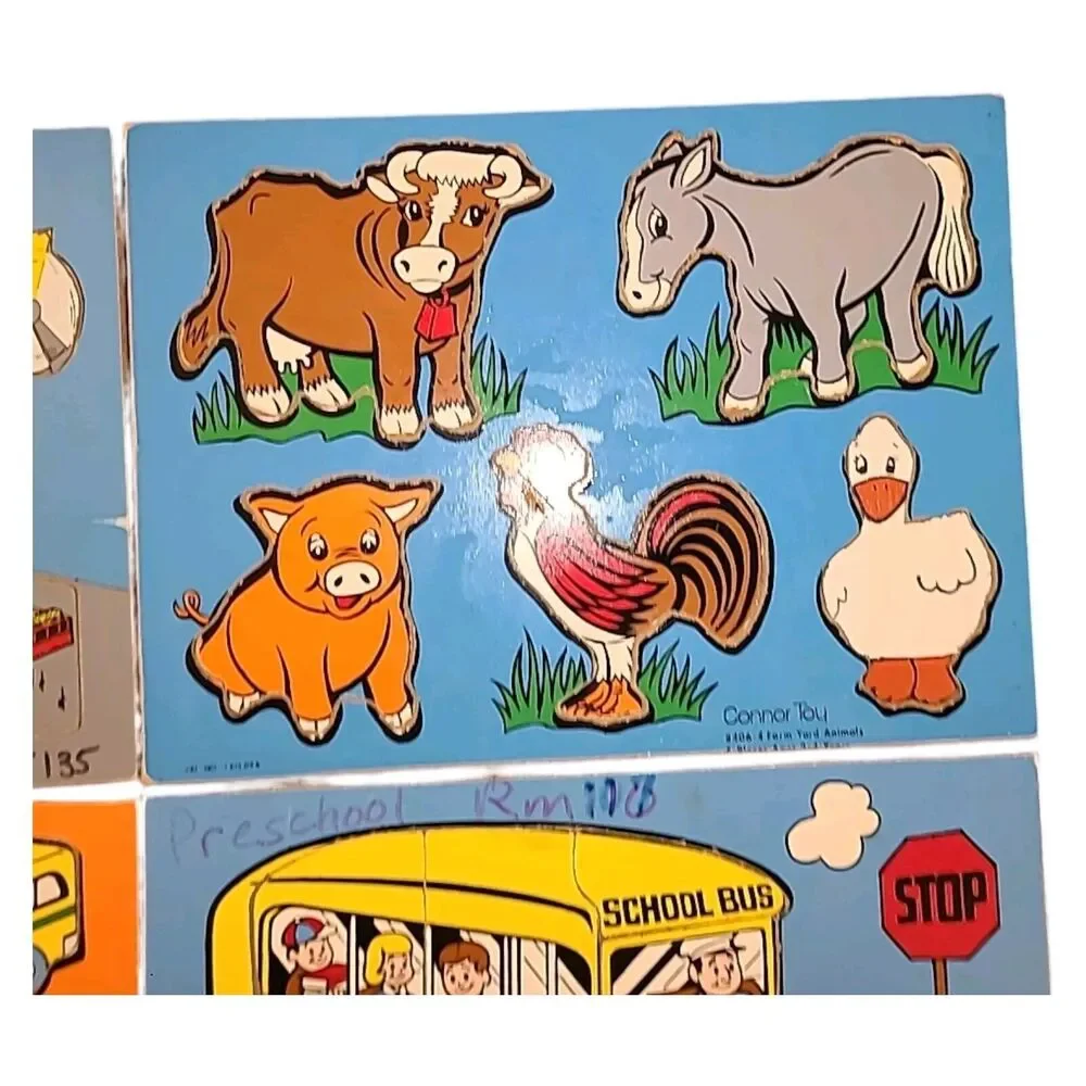 4 Vintage Connor Toy‎ Wooden Board Puzzles Animals Vehicles Bus Helicopter